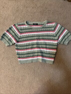 Striped Knit Crop Sweater - Green, White & Pink